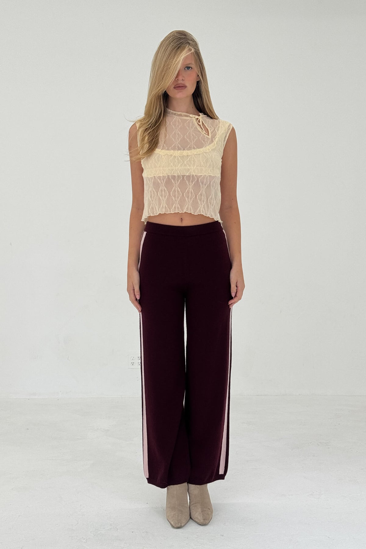Women Cashmere Wool Stripe Wide Leg Pant Raspberry Knit