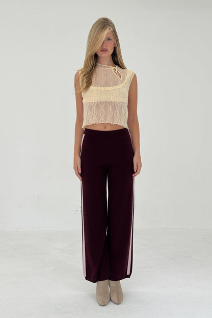 Women Cashmere Wool Stripe Wide Leg Pant Raspberry Knit