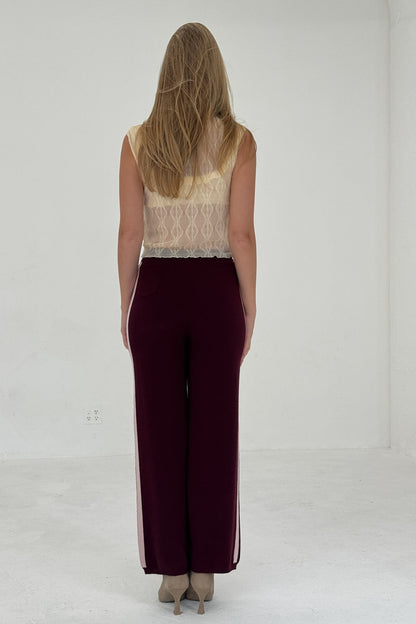 Women Cashmere Wool Stripe Wide Leg Pant Raspberry Knit