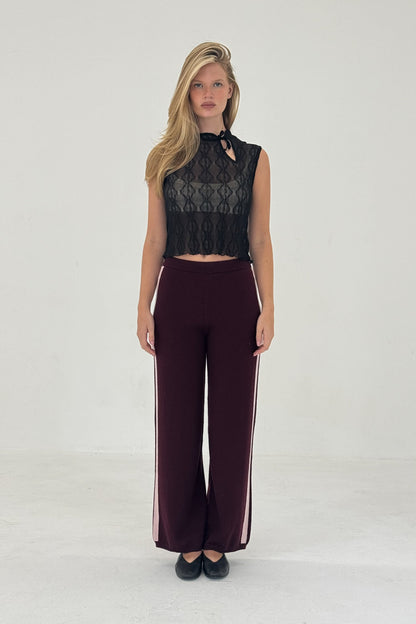 Women Cashmere Wool Stripe Wide Leg Pant Raspberry Knit