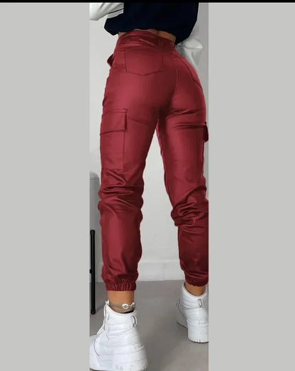 Y2K Vintage Women Elegant Harajuku Streetwear Black Cargo Pants Motorcycle Pu Leather High Waist Harem Jogger Trousers Clothes