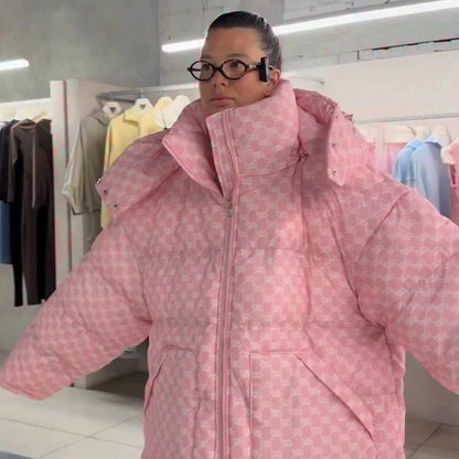 Oversized Puffer Women's Jackets Coat Print Hooded Zipper Parka Coats Loose Mid‑Length Warm Winter Outerwear With Big Pockets