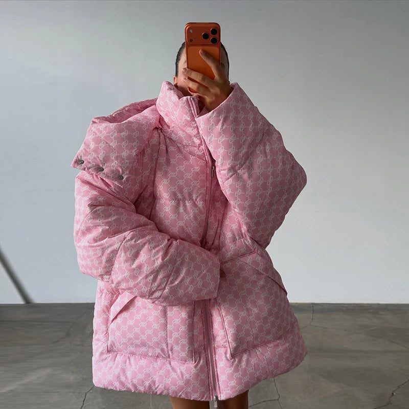 Oversized Puffer Women's Jackets Coat Print Hooded Zipper Parka Coats Loose Mid‑Length Warm Winter Outerwear With Big Pockets