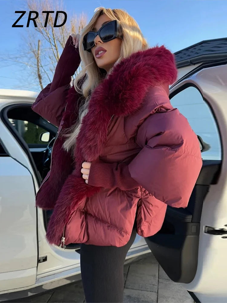 Fashion Women's Faux Fur Hooded Winter Jackets 2025 Warm Patchwork Zipper Full Sleeve Coats Puffer Female Solid Down Jacket