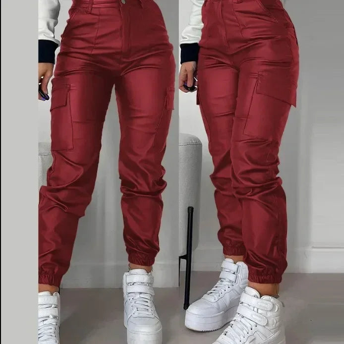 Y2K Vintage Women Elegant Harajuku Streetwear Black Cargo Pants Motorcycle Pu Leather High Waist Harem Jogger Trousers Clothes