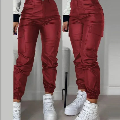 Y2K Vintage Women Elegant Harajuku Streetwear Black Cargo Pants Motorcycle Pu Leather High Waist Harem Jogger Trousers Clothes