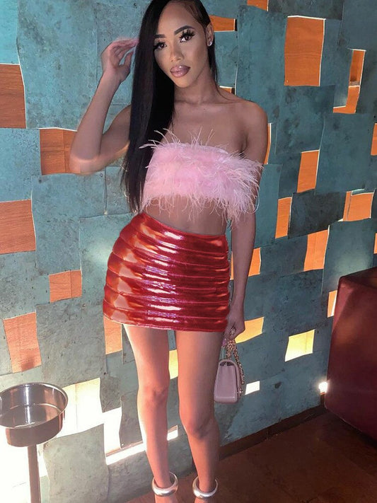 Red Metallic Quilted Puffer Mini Skirt for Women Stylish