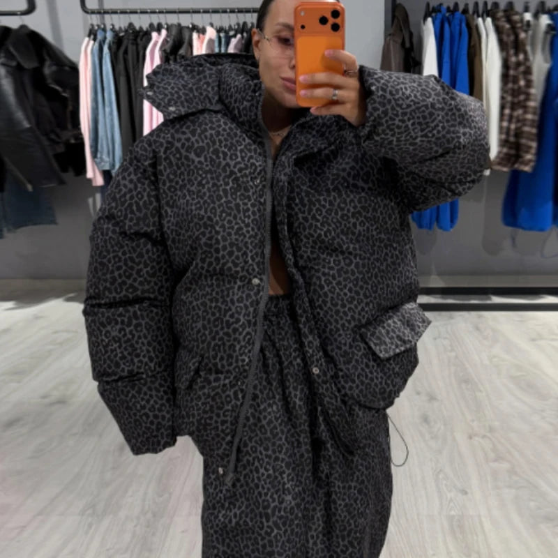 Oversized Puffer Women's Jackets Coat Print Hooded Zipper Parka Coats Loose Mid‑Length Warm Winter Outerwear With Big Pockets