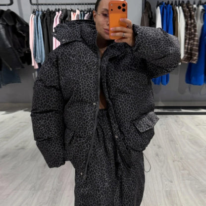 Oversized Puffer Women's Jackets Coat Print Hooded Zipper Parka Coats Loose Mid‑Length Warm Winter Outerwear With Big Pockets
