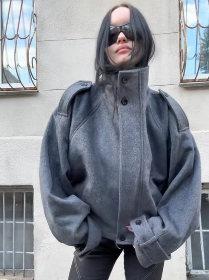 Casual Stand Collar Woolen Jacket Casual Buttons Long Sleeve Drop Shoulder Zipper Loose Coat High Street All-match Spring Tops