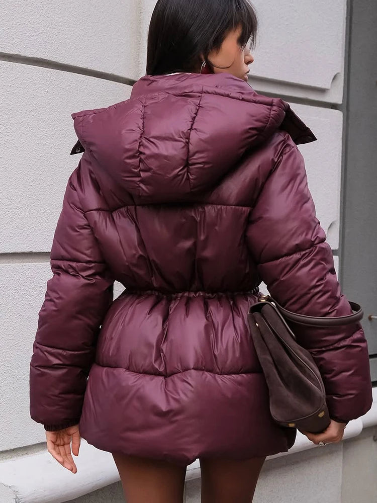 Fashion Lace Up Hooded Cotton Coat Women Casual Stand Collar Single Breasted Pocket Loose Warm Coats Lady Winter Street Outwear