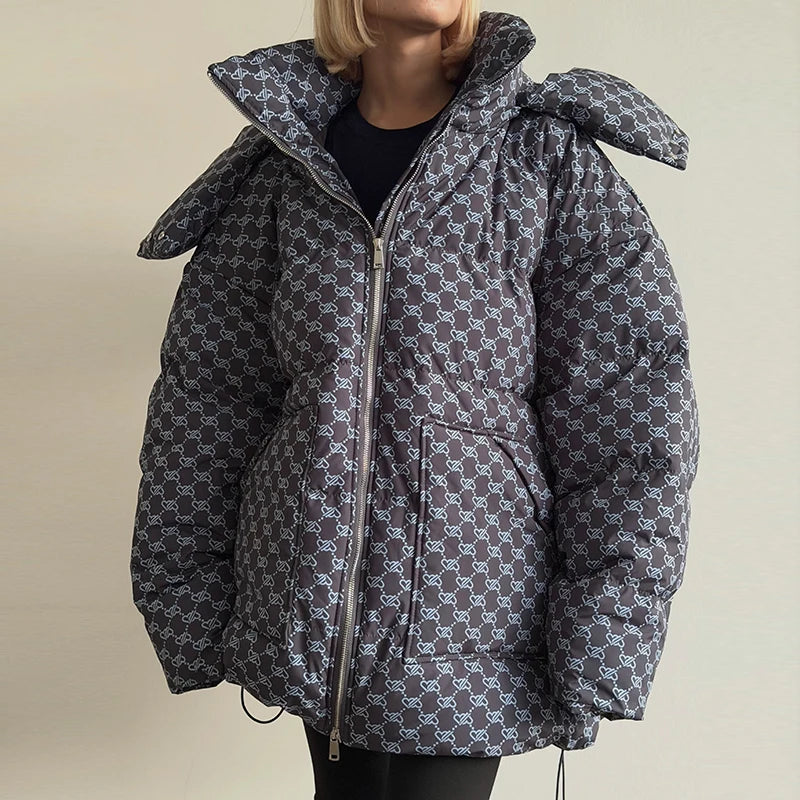 Oversized Puffer Women's Jackets Coat Print Hooded Zipper Parka Coats Loose Mid‑Length Warm Winter Outerwear With Big Pockets