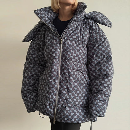Oversized Puffer Women's Jackets Coat Print Hooded Zipper Parka Coats Loose Mid‑Length Warm Winter Outerwear With Big Pockets