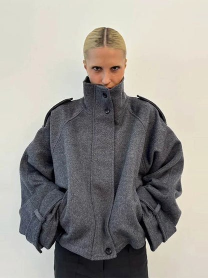 Casual Stand Collar Woolen Jacket Casual Buttons Long Sleeve Drop Shoulder Zipper Loose Coat High Street All-match Spring Tops