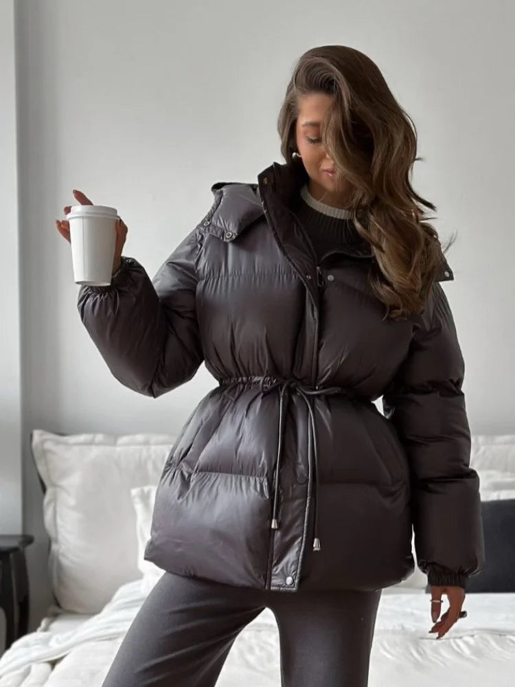 Fashion Lace Up Hooded Cotton Coat Women Casual Stand Collar Single Breasted Pocket Loose Warm Coats Lady Winter Street Outwear