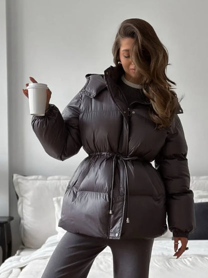 Fashion Lace Up Hooded Cotton Coat Women Casual Stand Collar Single Breasted Pocket Loose Warm Coats Lady Winter Street Outwear