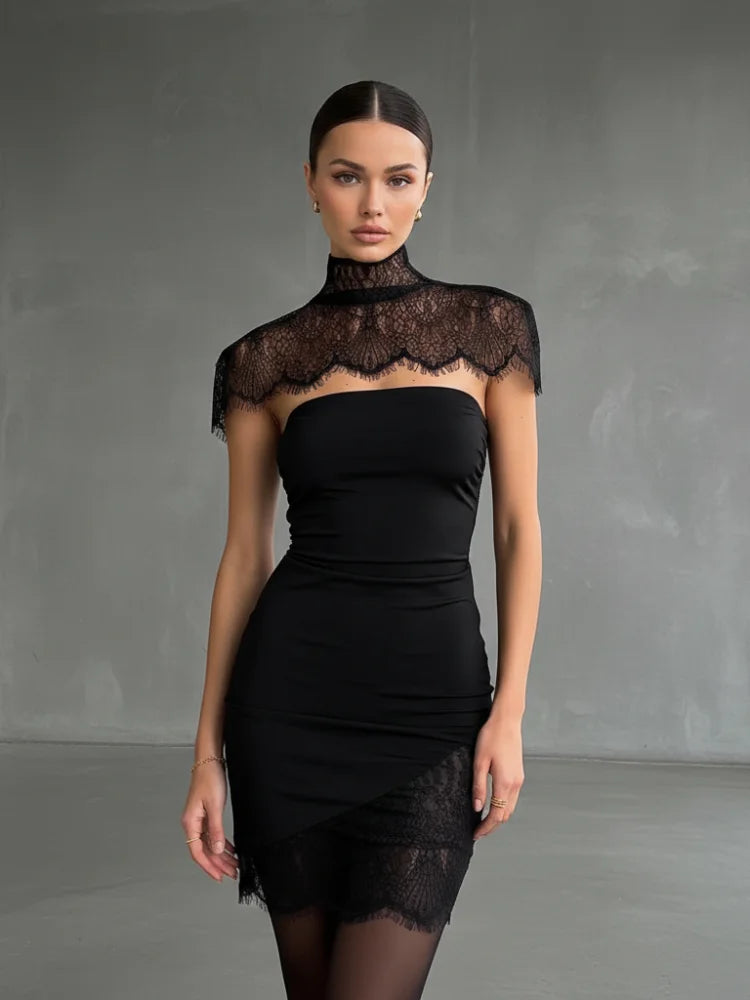 Chic Cape Shawl Strapless Long Dress Women Solid Patchwork Lace Pleated Slim Maxi Dresses 2026 Lady Evening Party Vestidos New