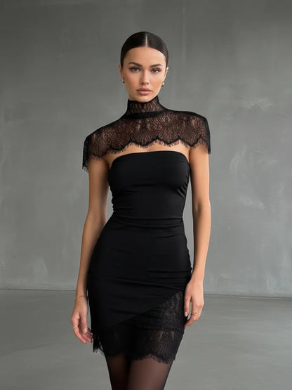 Chic Cape Shawl Strapless Long Dress Women Solid Patchwork Lace Pleated Slim Maxi Dresses 2026 Lady Evening Party Vestidos New