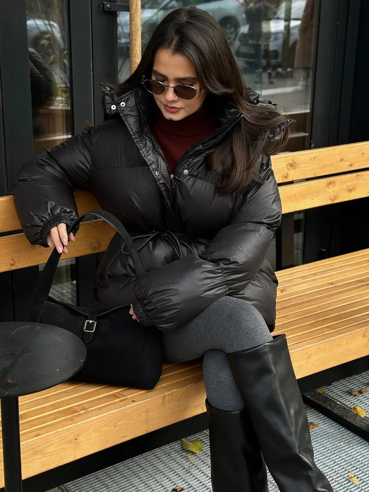 Fashion Lace Up Hooded Cotton Coat Women Casual Stand Collar Single Breasted Pocket Loose Warm Coats Lady Winter Street Outwear