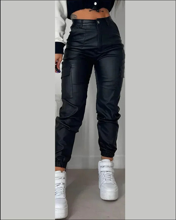 Y2K Vintage Women Elegant Harajuku Streetwear Black Cargo Pants Motorcycle Pu Leather High Waist Harem Jogger Trousers Clothes