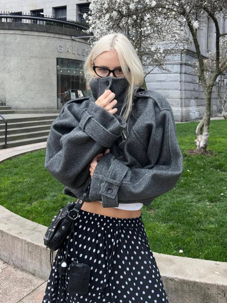 Casual Stand Collar Woolen Jacket Casual Buttons Long Sleeve Drop Shoulder Zipper Loose Coat High Street All-match Spring Tops