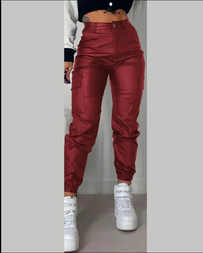 Y2K Vintage Women Elegant Harajuku Streetwear Black Cargo Pants Motorcycle Pu Leather High Waist Harem Jogger Trousers Clothes