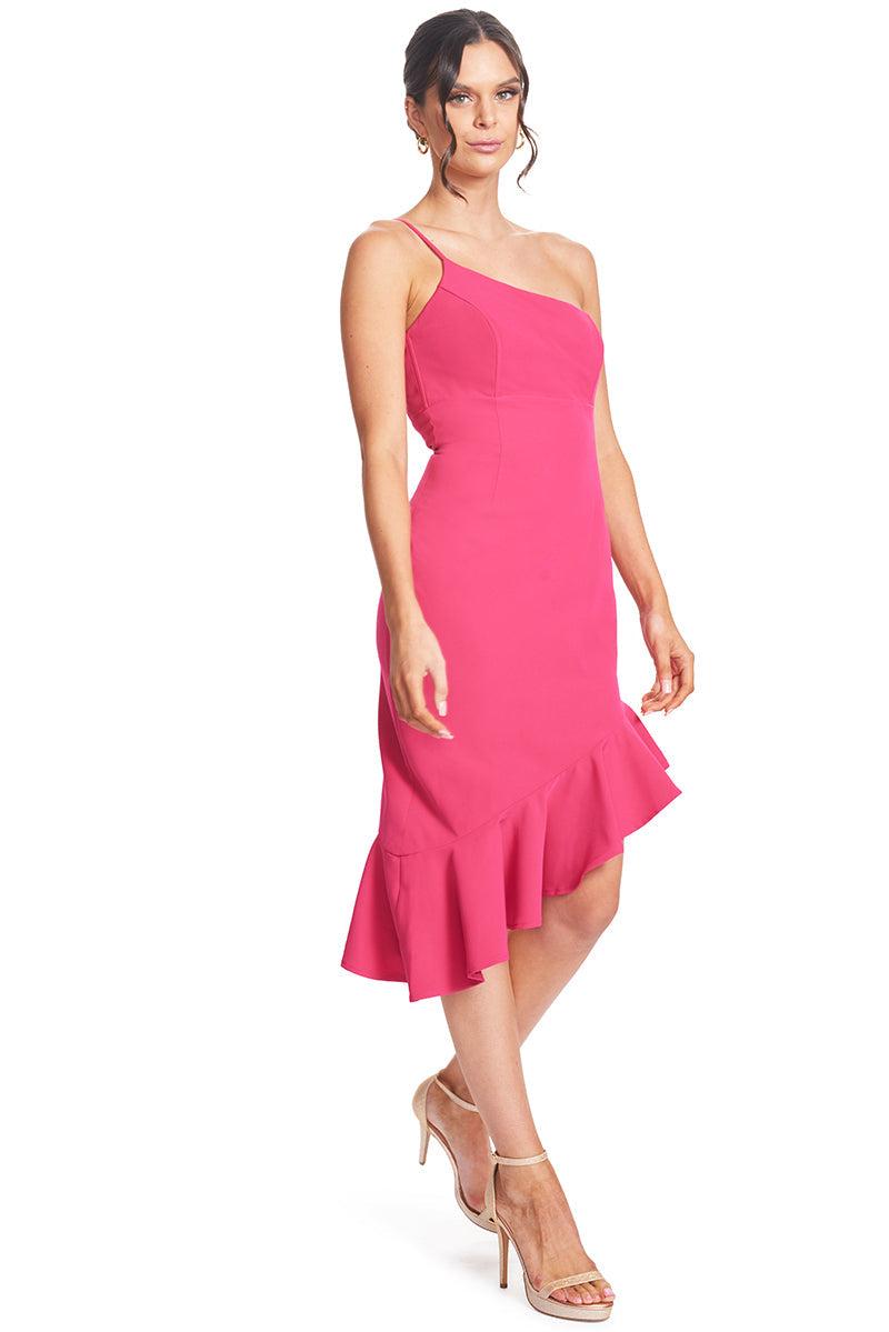 Rufflin' Round Fuchsia Ruffle Hem Asymmetric Cocktail Dress