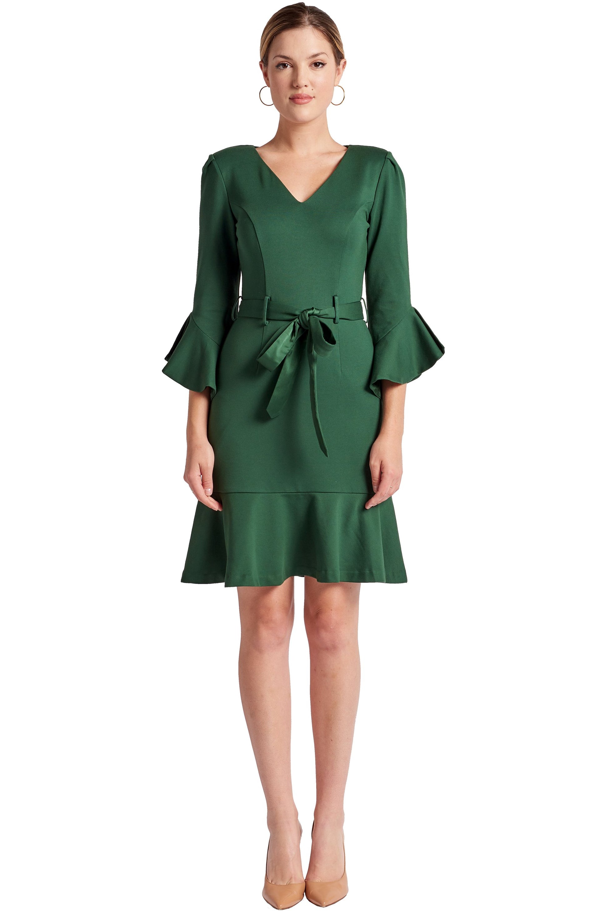 Women's V-Neck Ruffle Sleeve Belted Work Dress Green