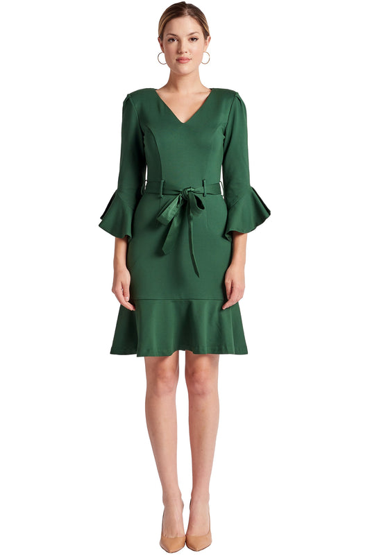 Women's V-Neck Ruffle Sleeve Belted Work Dress Green