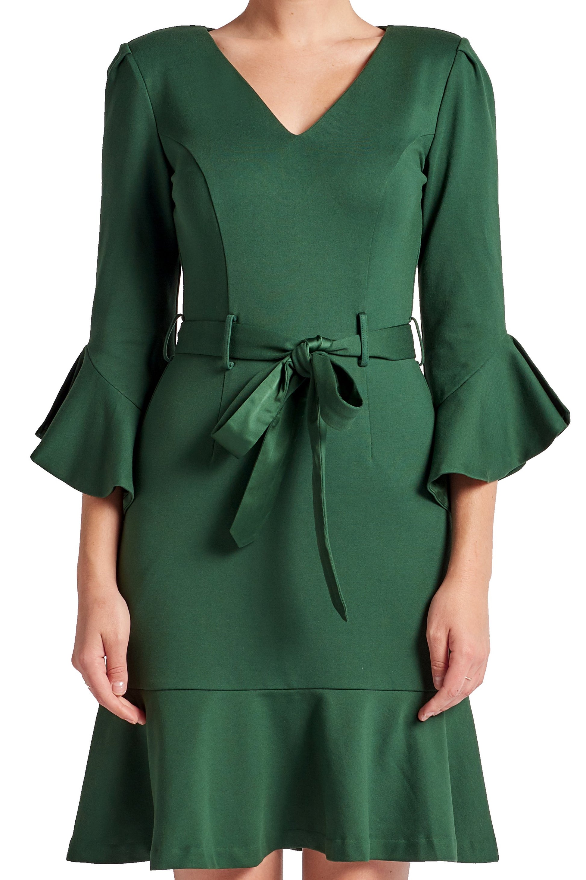 Women's V-Neck Ruffle Sleeve Belted Work Dress Green