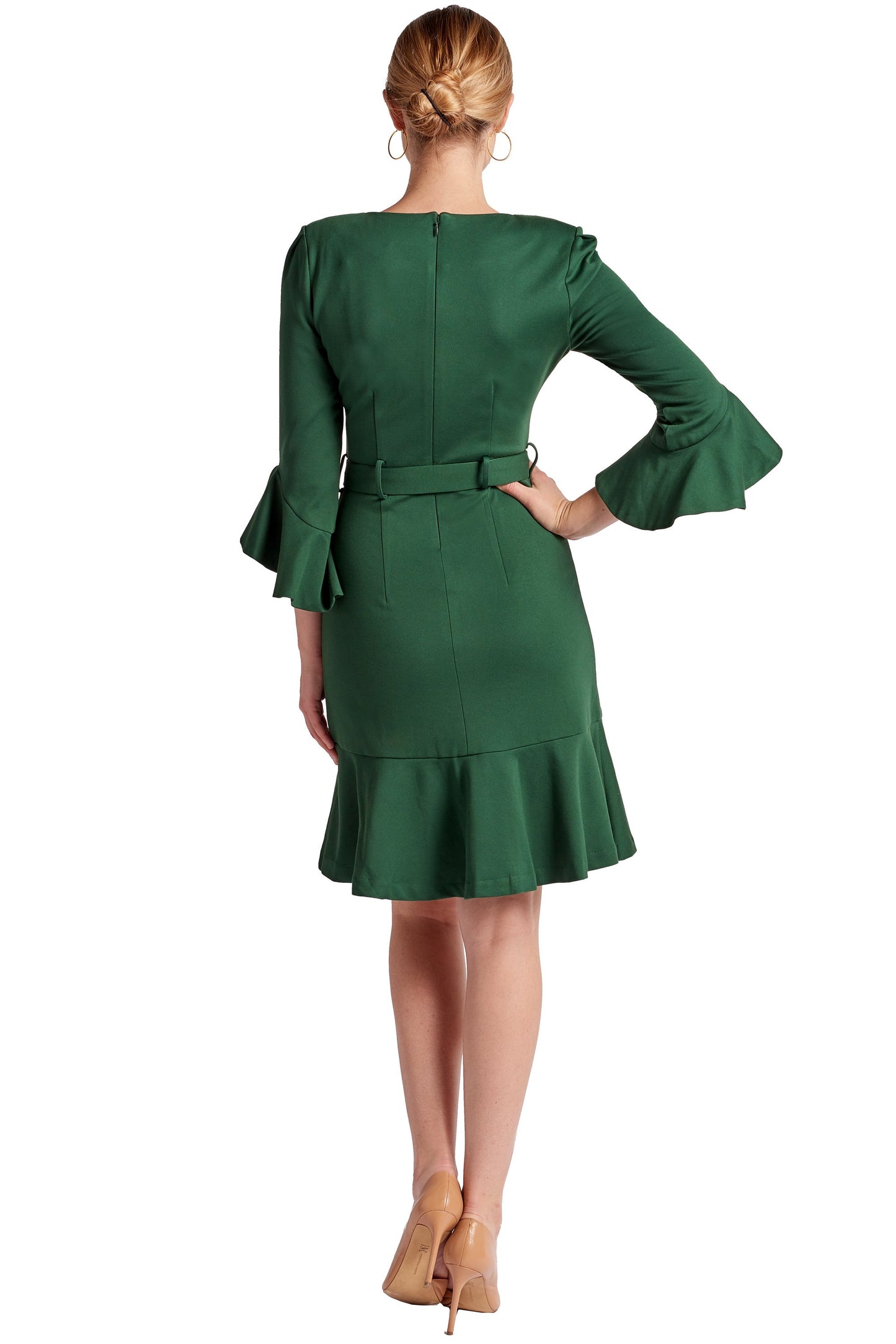 Women's V-Neck Ruffle Sleeve Belted Work Dress Green