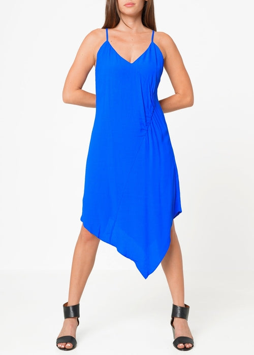 Women's Blue V-Neck Asymmetrical Hem Midi Dress Elegant