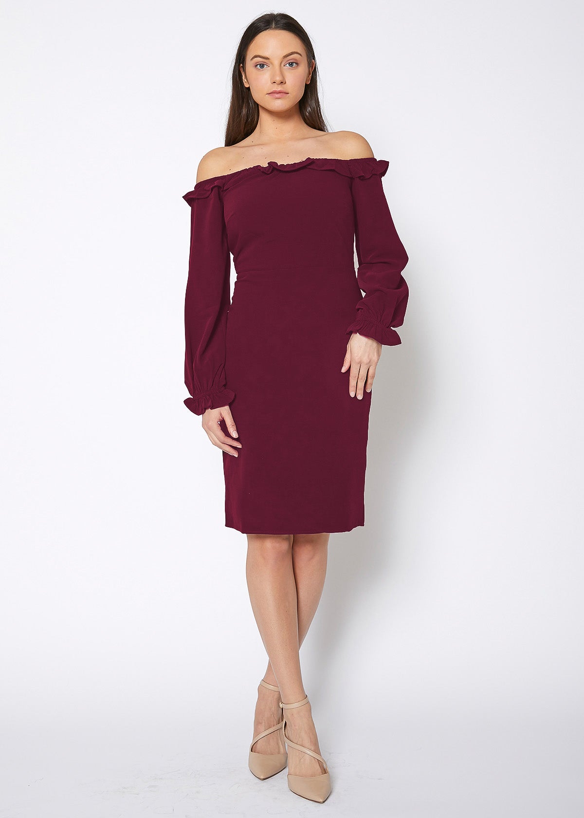 Women's Red Off Shoulder Bodycon Midi Dress Elegant Fit