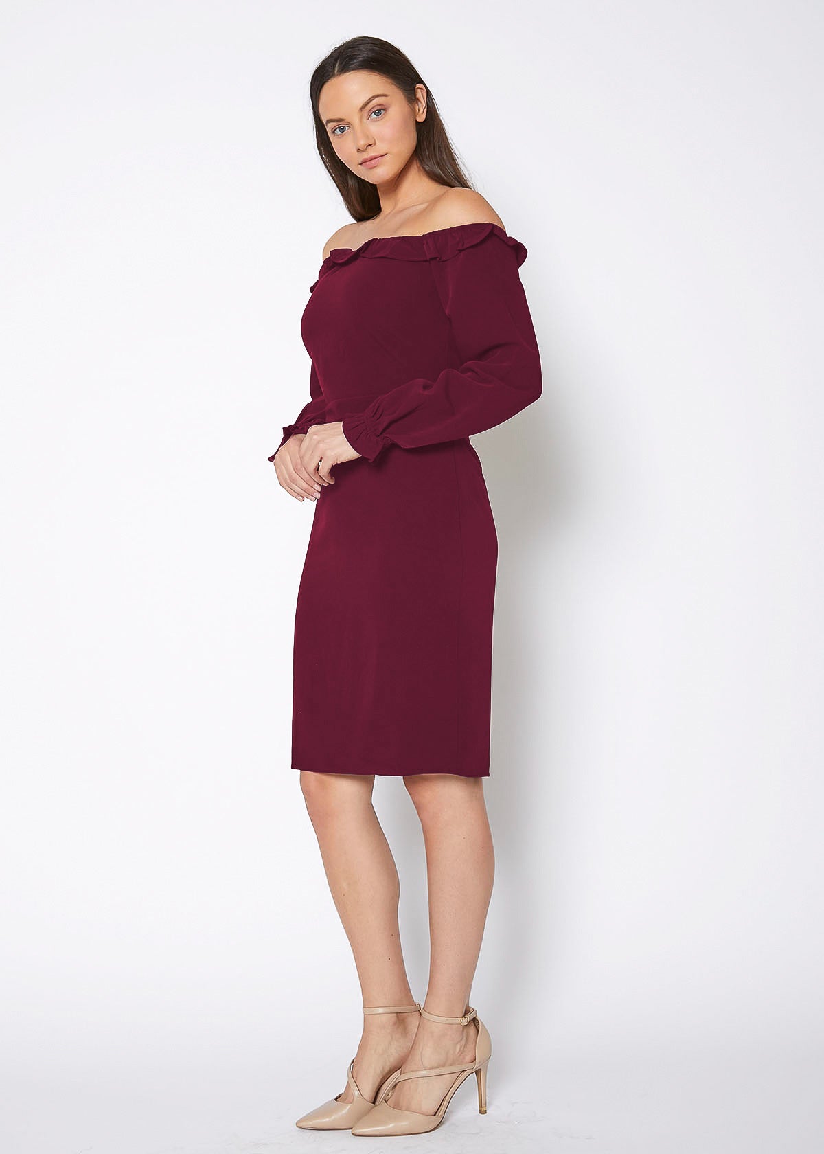 Women's Red Off Shoulder Bodycon Midi Dress Elegant Fit