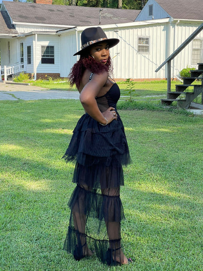 Women's Elegant Lace Long Sleeve Maxi Dress Black Chic