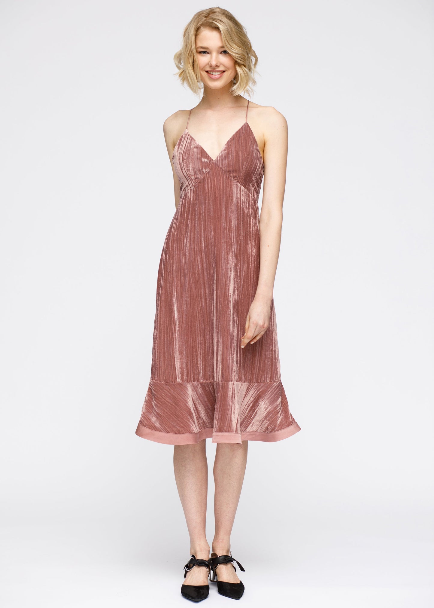 Women's Velvet Spaghetti Strap Ruffle Midi Dress