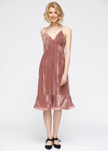 Women's Velvet Spaghetti Strap Ruffle Midi Dress