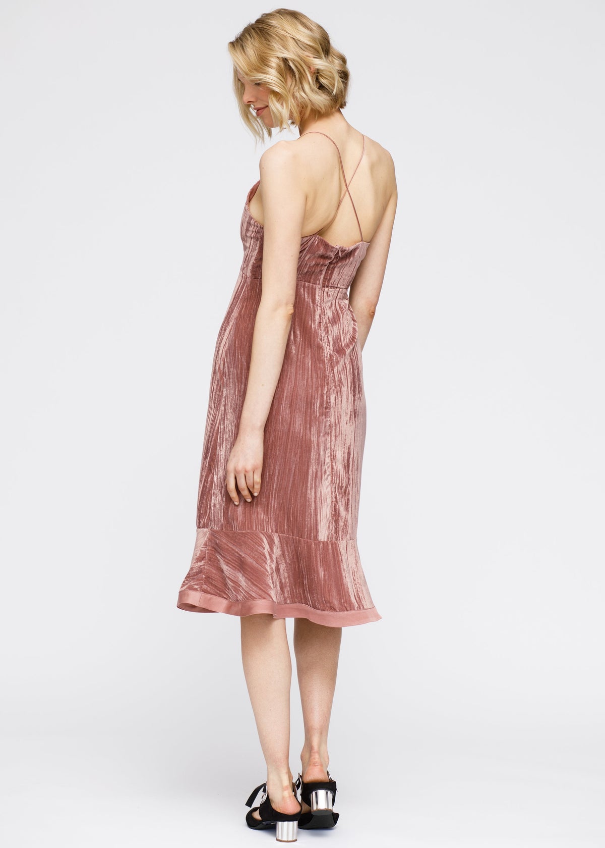 Women's Velvet Spaghetti Strap Ruffle Midi Dress