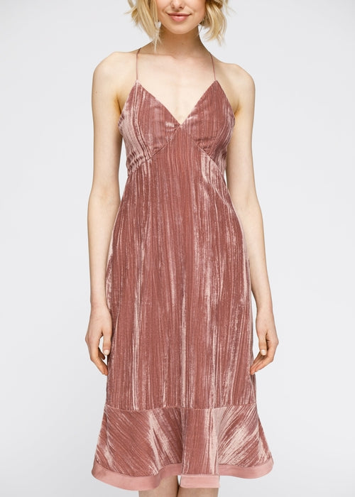 Women's Velvet Spaghetti Strap Ruffle Midi Dress