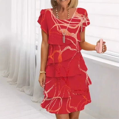 Women Geometric Floral Summer Print Short Sleeve Midi Dress