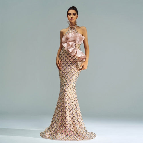 Champagne Halter Mermaid Sequin Evening Gown for Women