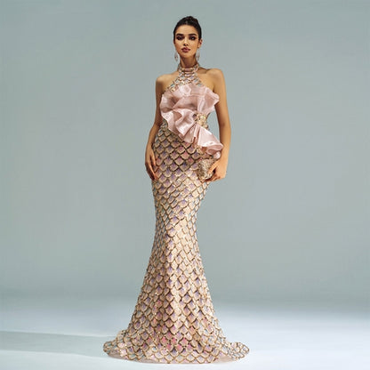 Champagne Halter Mermaid Sequin Evening Gown for Women