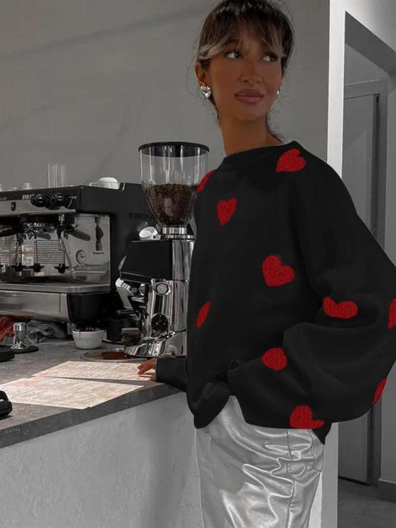 Women Printed Heart Pattern Crewneck Knitted Sweater