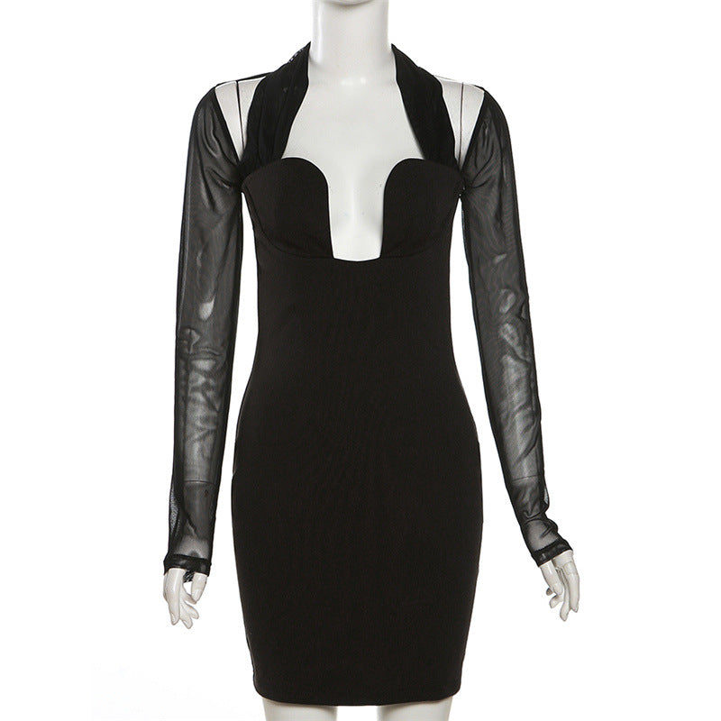 YUZHEXI Black Bodycon Halter Dress with Cold Shoulders