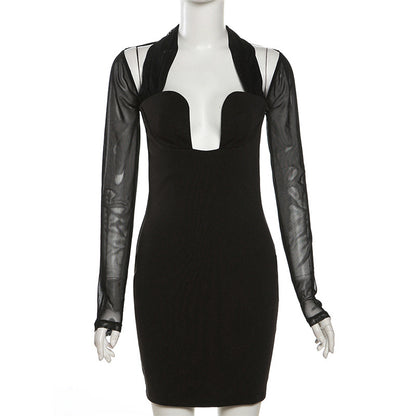 YUZHEXI Black Bodycon Halter Dress with Cold Shoulders