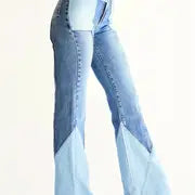 Women's High-Waist Color Block Flared Jeans with Pockets