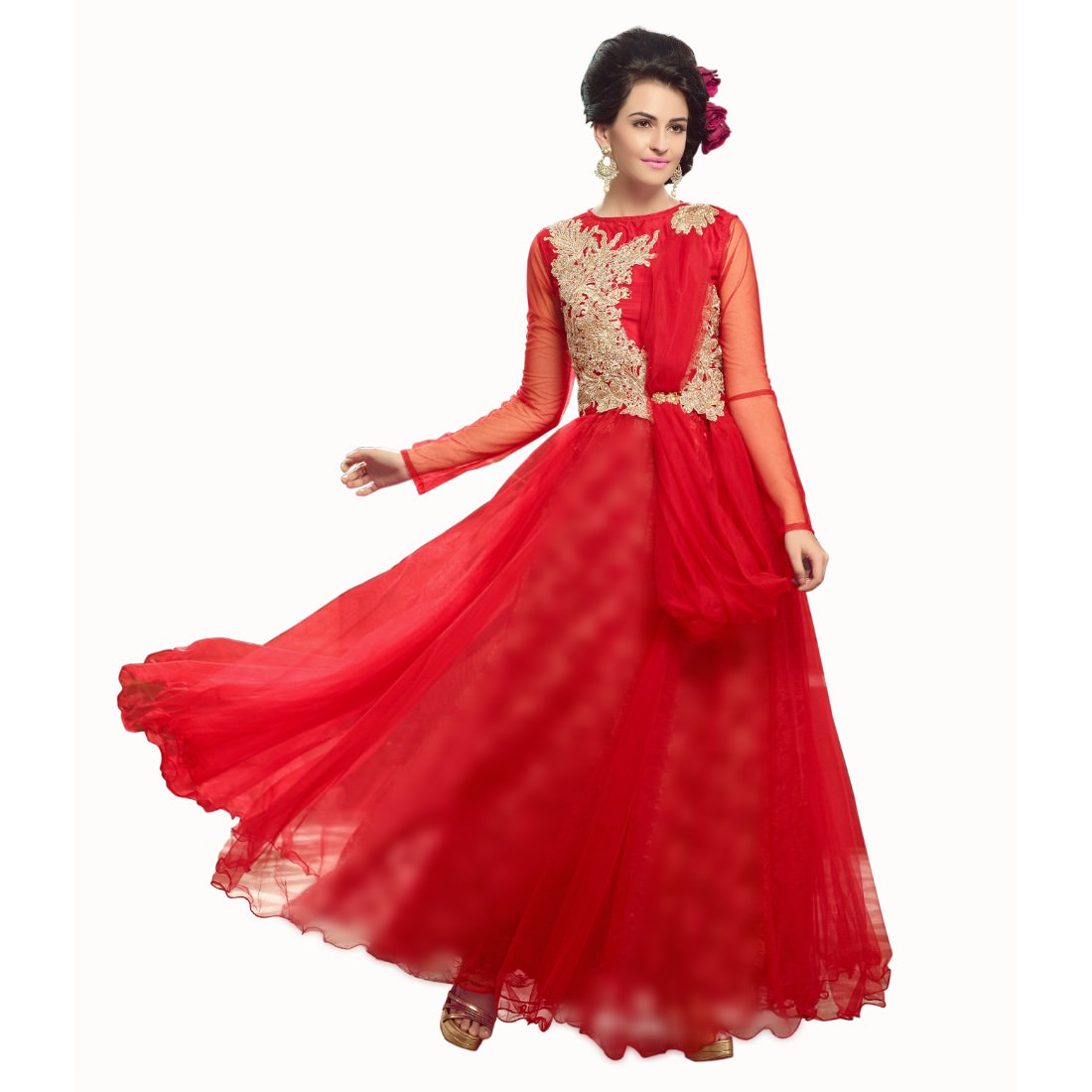 Women's Red Net Evening Gown Elegant Formal Maxi Dress