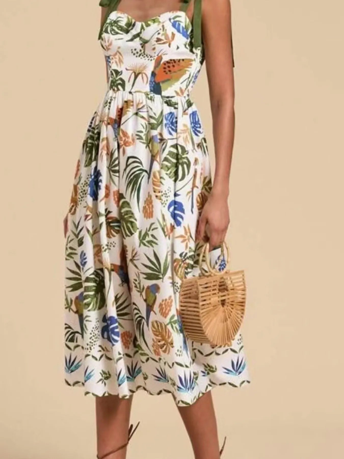 Women's Tropical Print Sweetheart Tie Strap Midi Dress