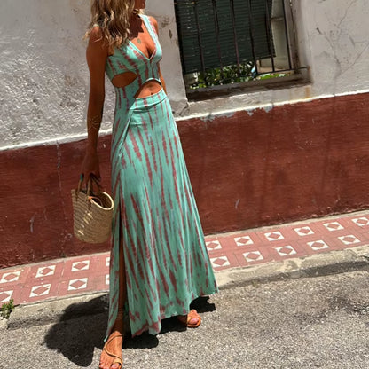 Women V Neck Cutout Side Slit Slim Fit Formal Midi Dress
