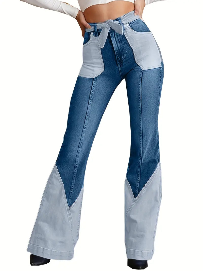 Women's High-Waist Color Block Flared Jeans with Pockets